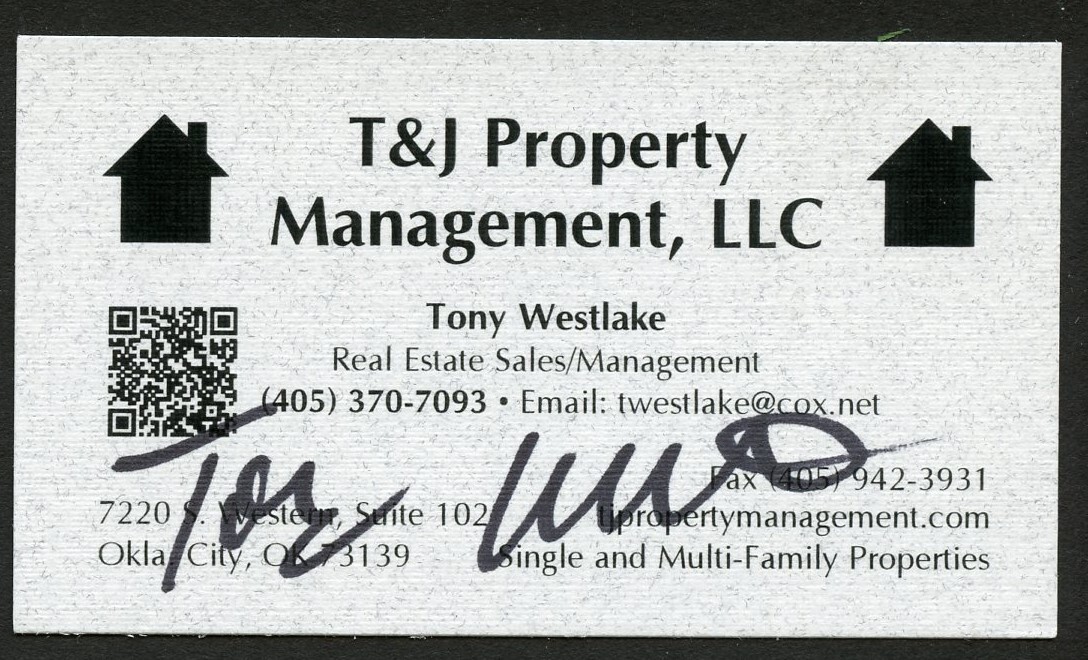 Tony Westlake signed autograph T&J Property Management Business Card BC601