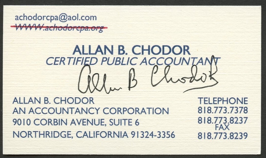 Allan B Chodor signed autograph Certified Public Accountant Business Card BC619