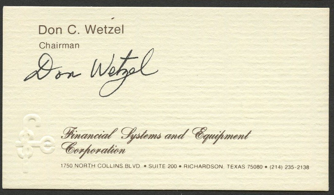 Don C Wetzel signed auto Chairman Fin Systems Corporation Business Card BC832