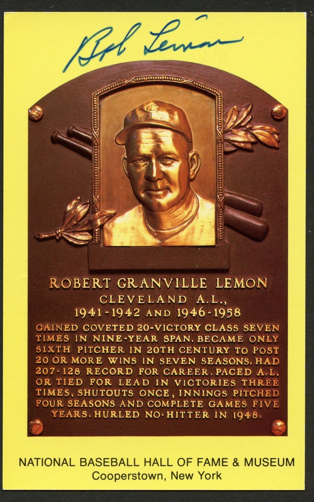 Bob Lemon signed autograph Baseball HOF Gold Plaque Postcard
