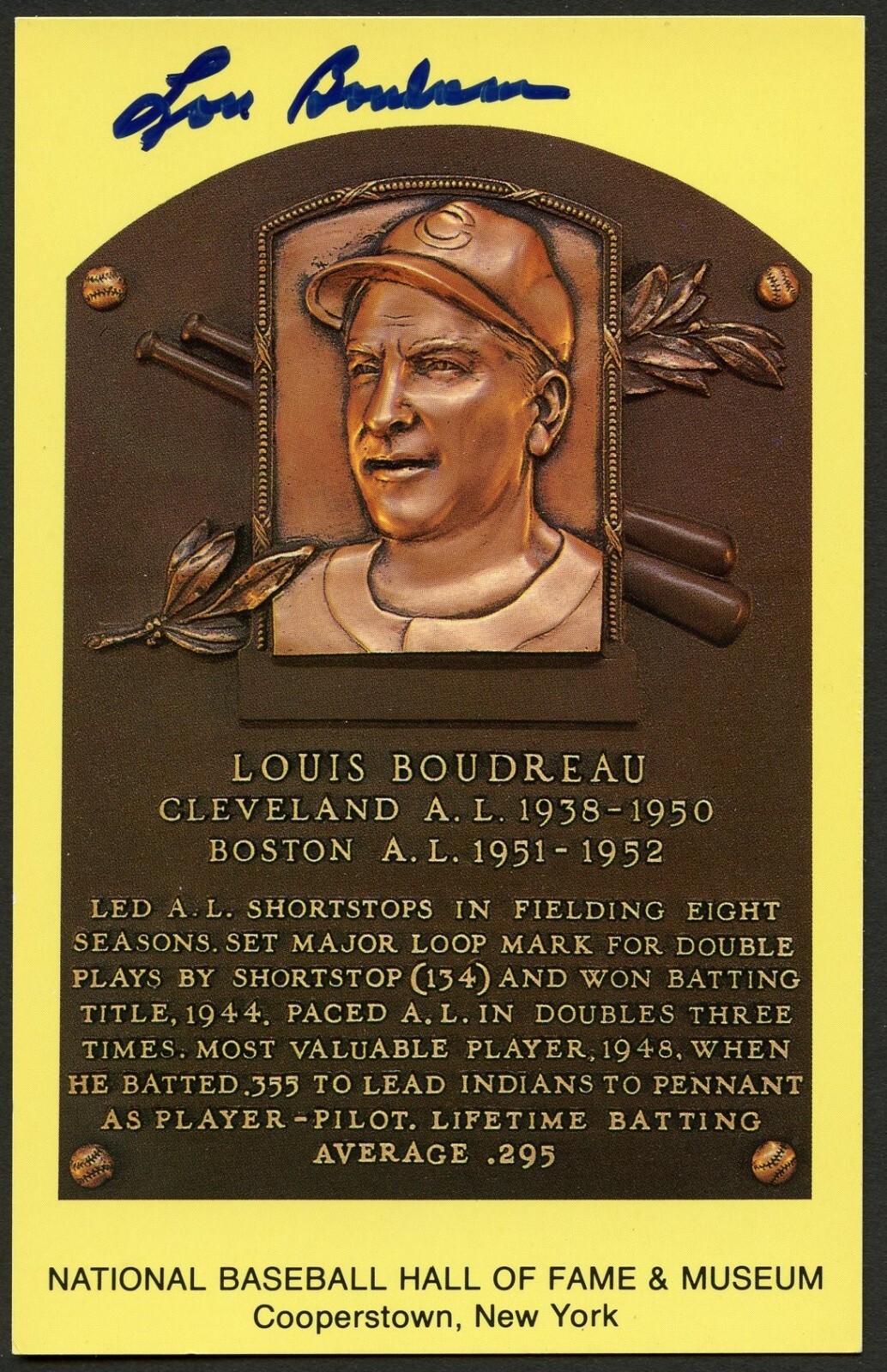 Lou Boudreau signed autograph Baseball Hall of Fame Gold Plaque Postcard