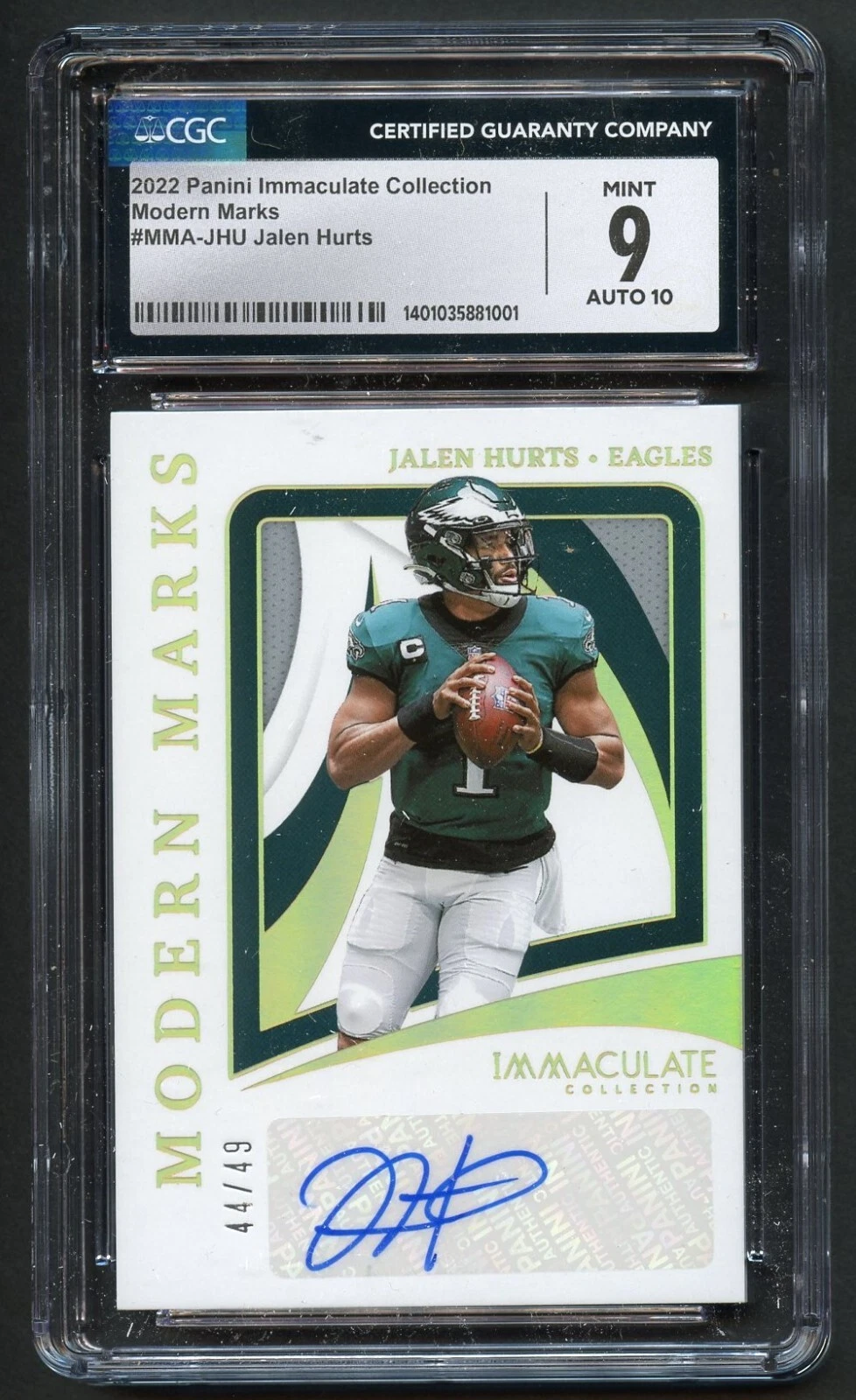 Jalen Hurts #MMA-JHU signed autograph 2022 Panini Modern Marks 44/49 CGC 9