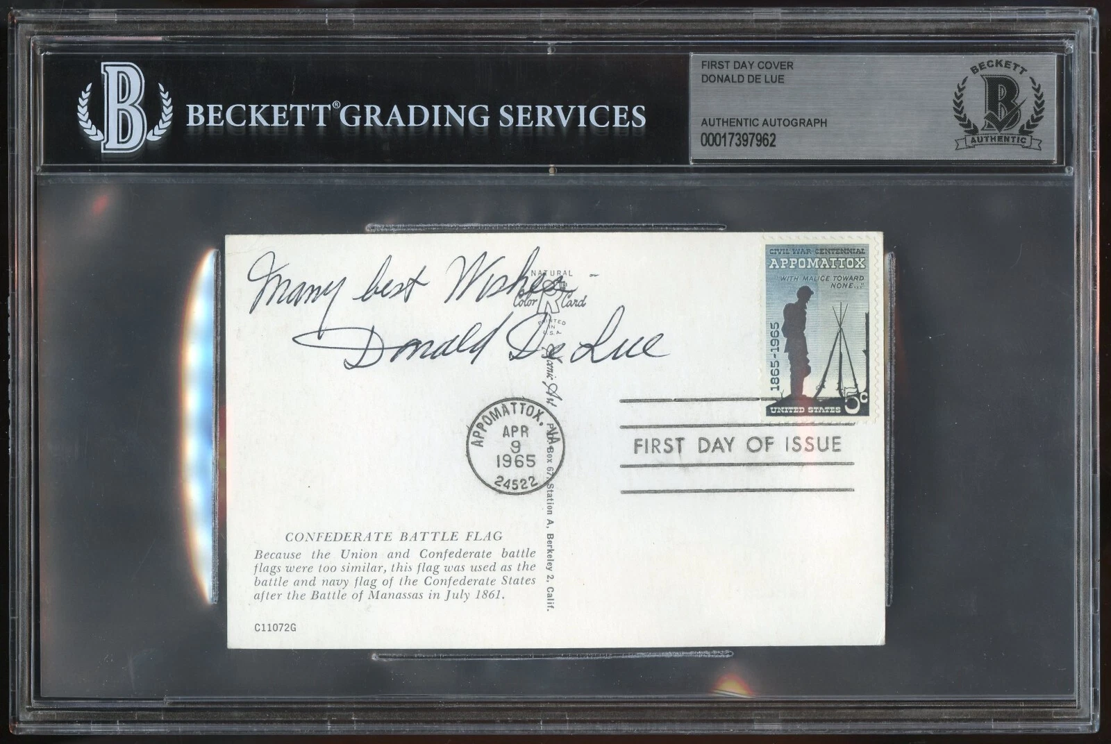 Donald De Lue d1988 signed autograph FDC Post Card American Sculptor BAS Slabbed