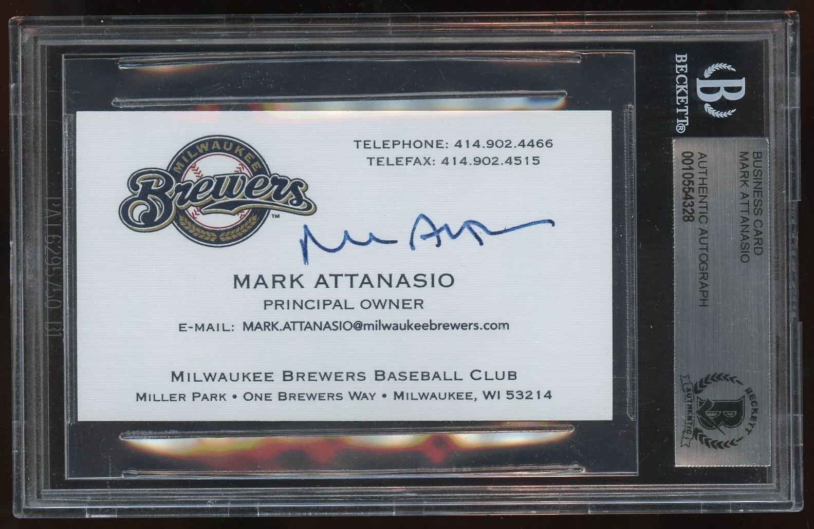 Mark Attanasio signed autograph Owner Milwaukee Brewers Business Card BAS Slab
