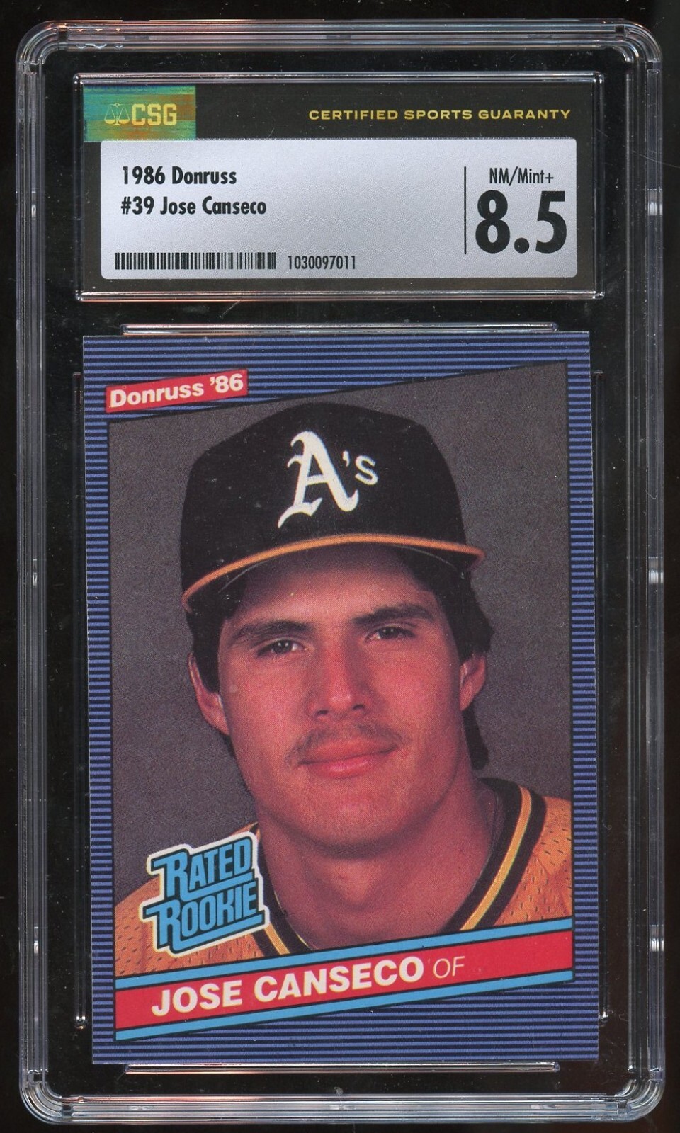 Jose Canseco #39 Donruss 1986 ROOKIE Oakland A's Baseball Trading Card CSG 8.5