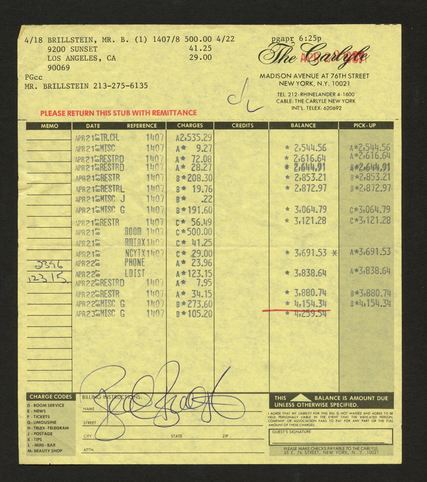 Bernie Brillstein signed autograph auto The Carlyle Hotel New York Folio Receipt
