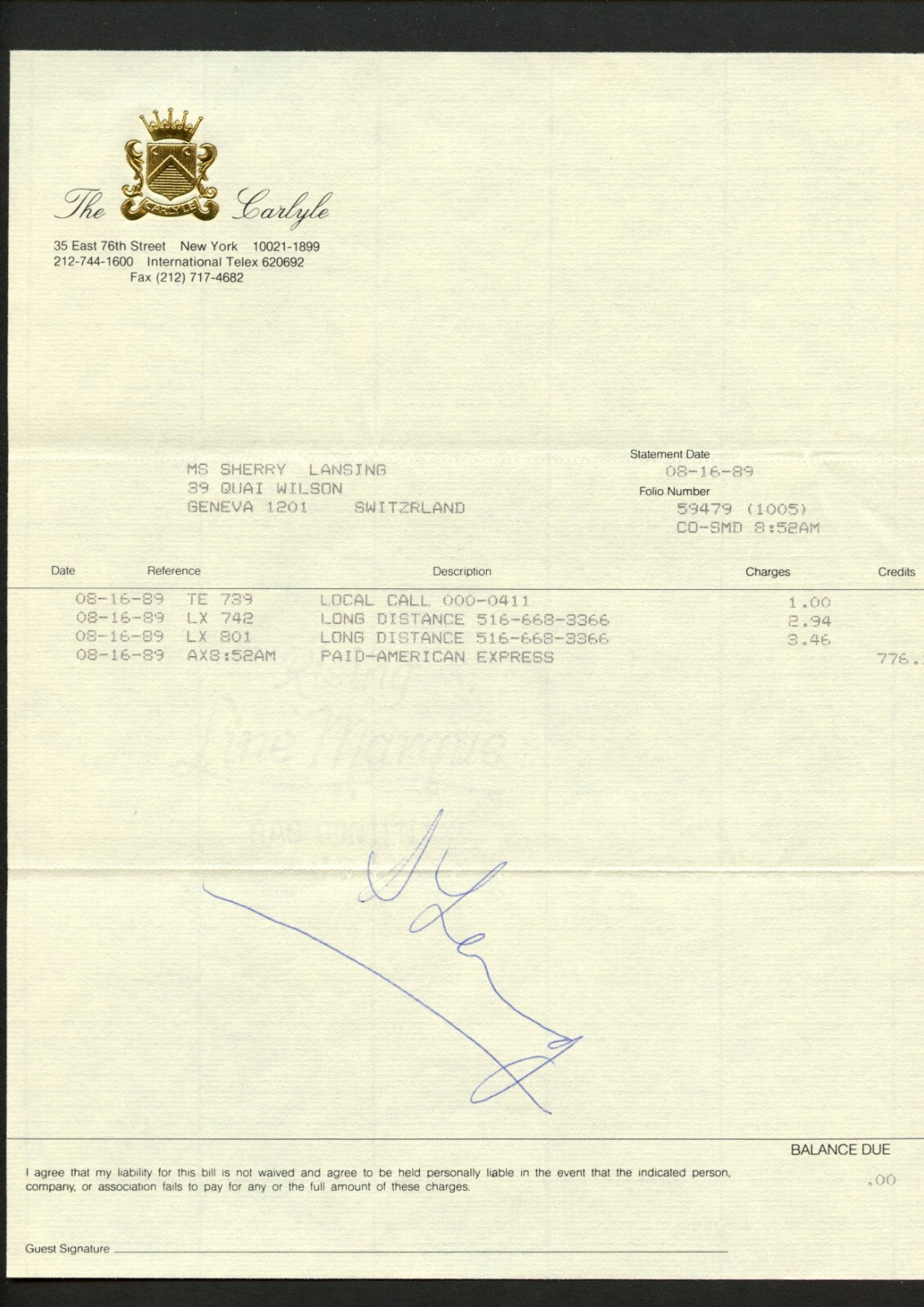 Sherry Lansing signed autograph The Carlyle Hotel Statement