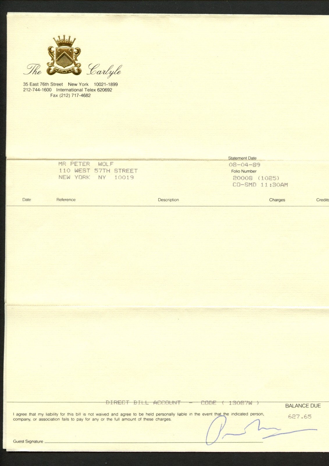 Peter Wolf signed autograph The Carlyle Hotel Statement J Girls Band
