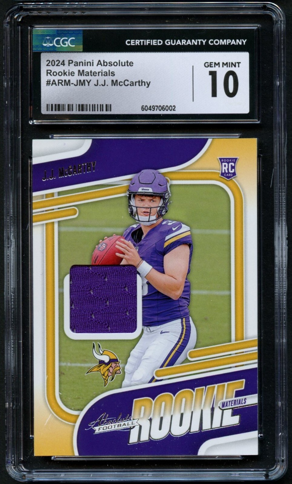 J.J. McCarthy #ARM-JMY 2024 Panini Absolute Rookie Materials Jersey Grade 10