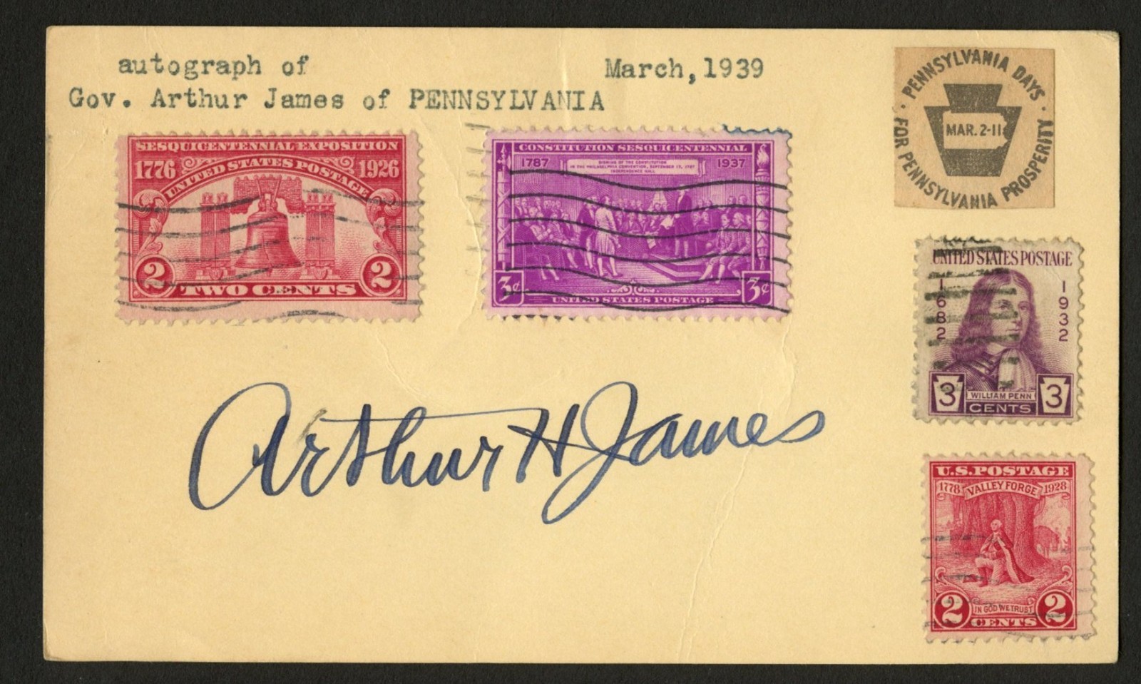 Arthur Horace James d1973 signed autograph Governor of Pennsylvania Post Card