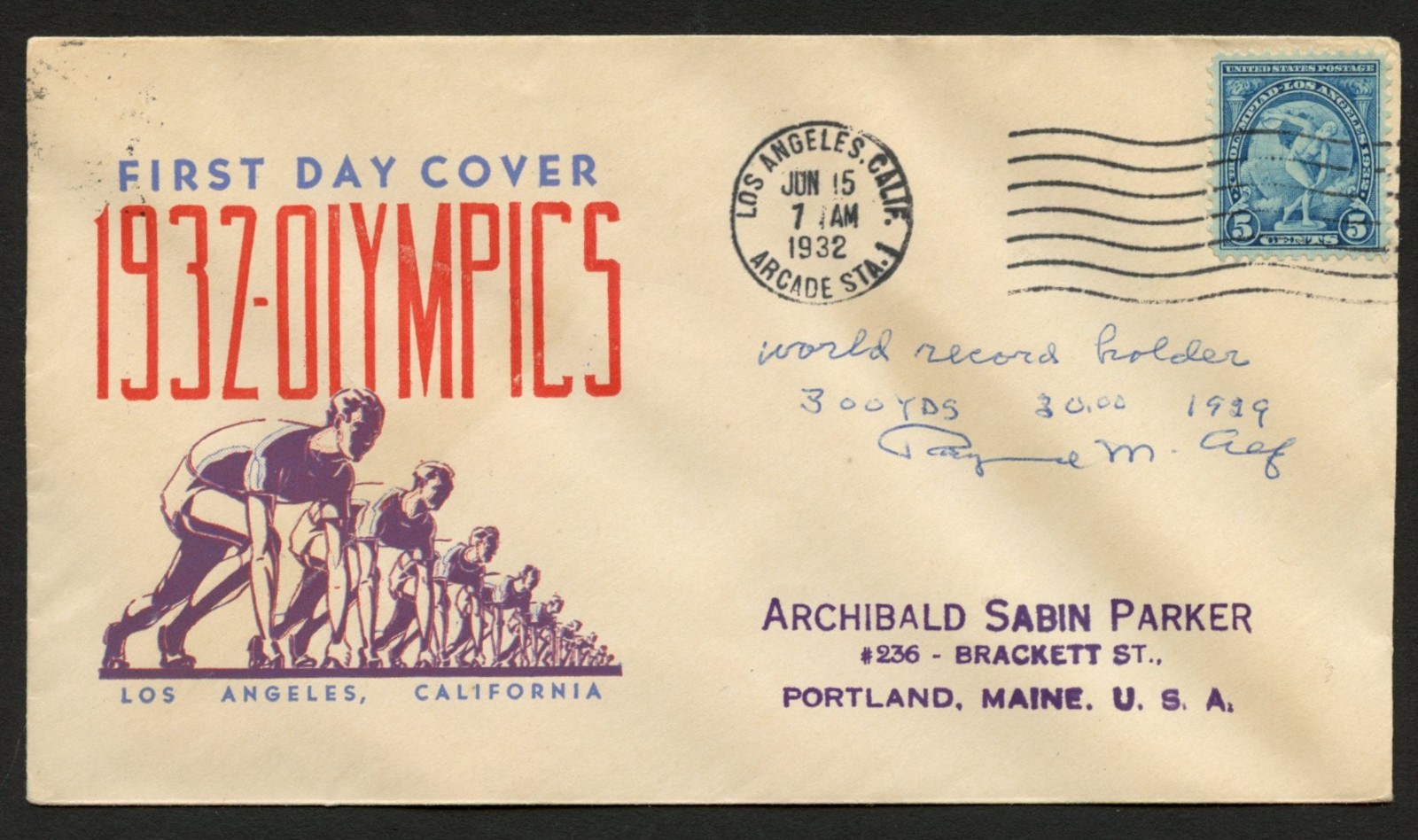 Raymond M Alf signed autograph Olympic Runner World Record Postal Cover FDC