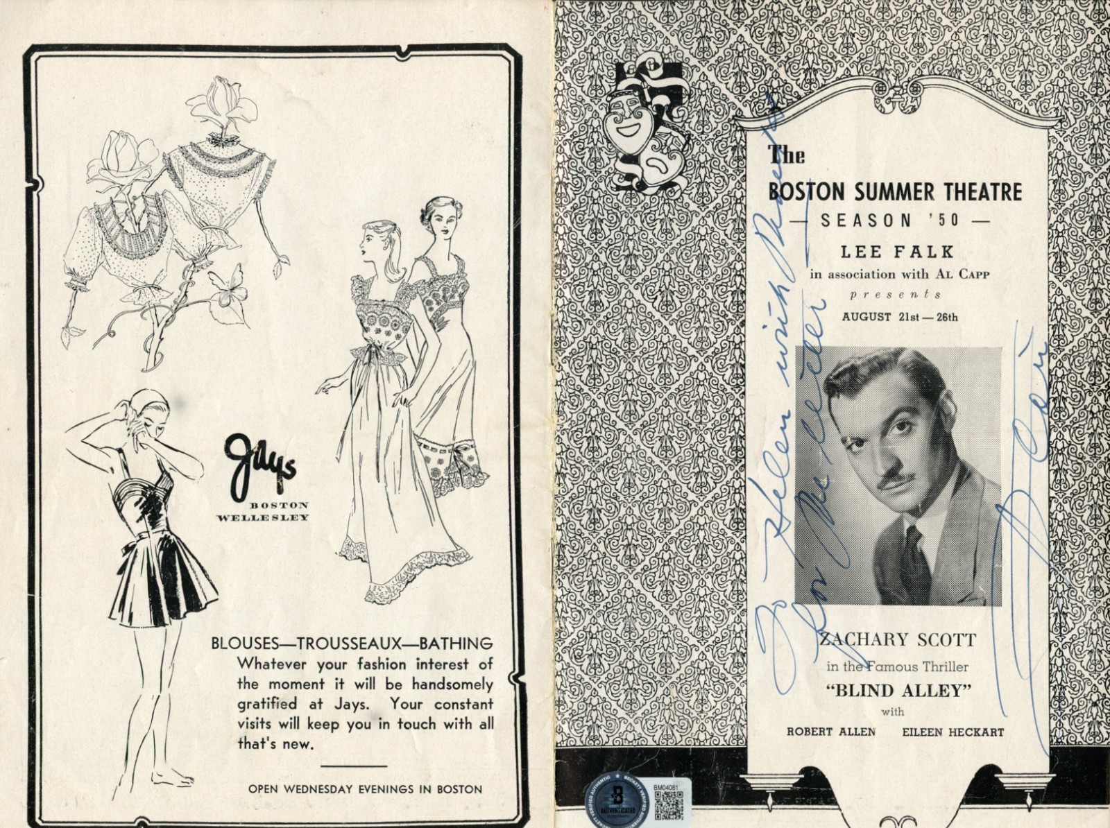 Zachary Scott signed autograph Blind Alley Class Playbill BAS Certified