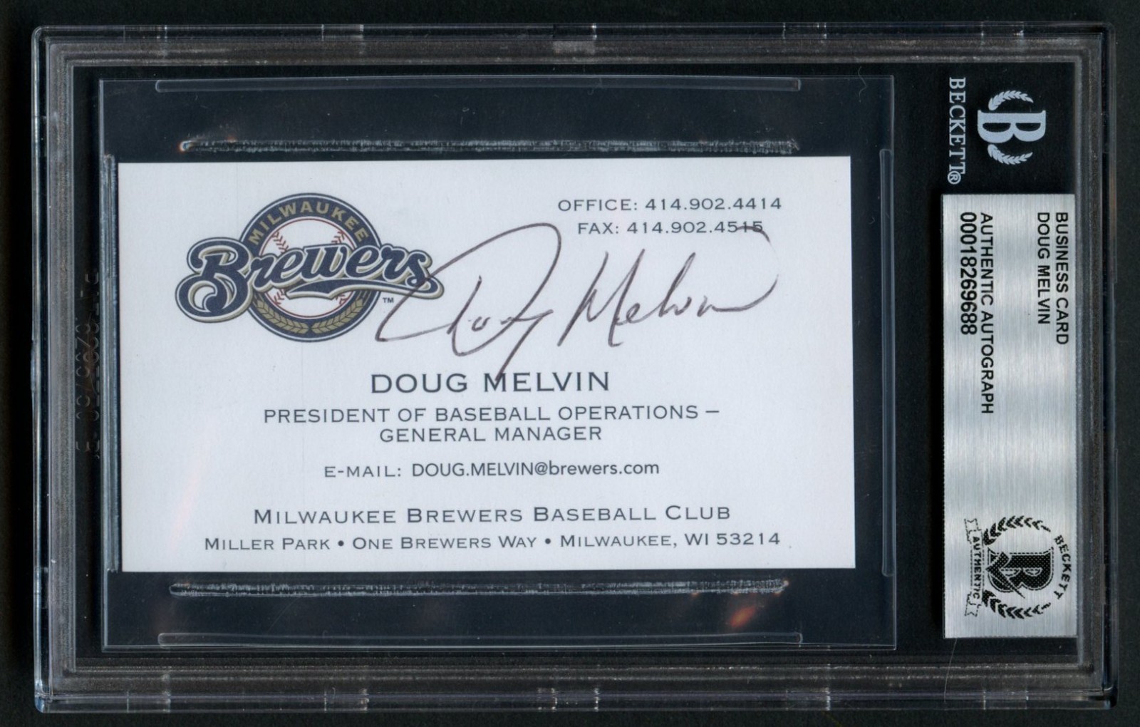 Doug Melvin signed autograph GM Brewers Baseball Business Card BAS Slabbed