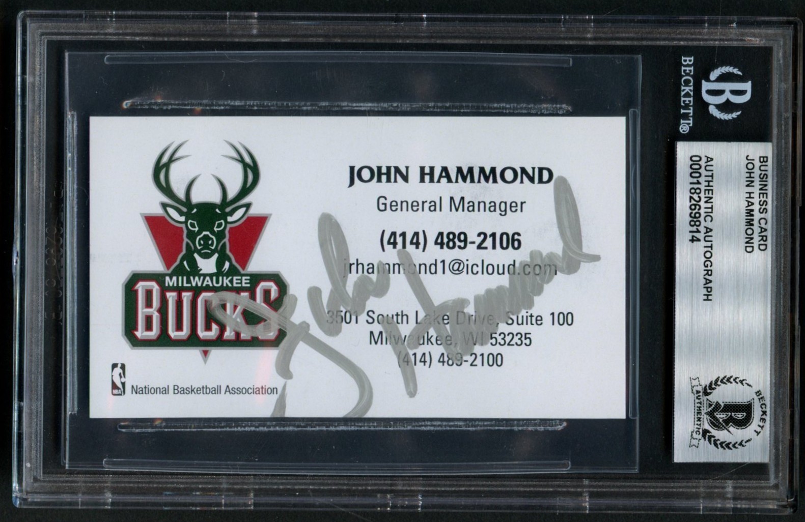 John Hammond signed autograph GM Milwaukee Bucks Business Card BAS Slabbed