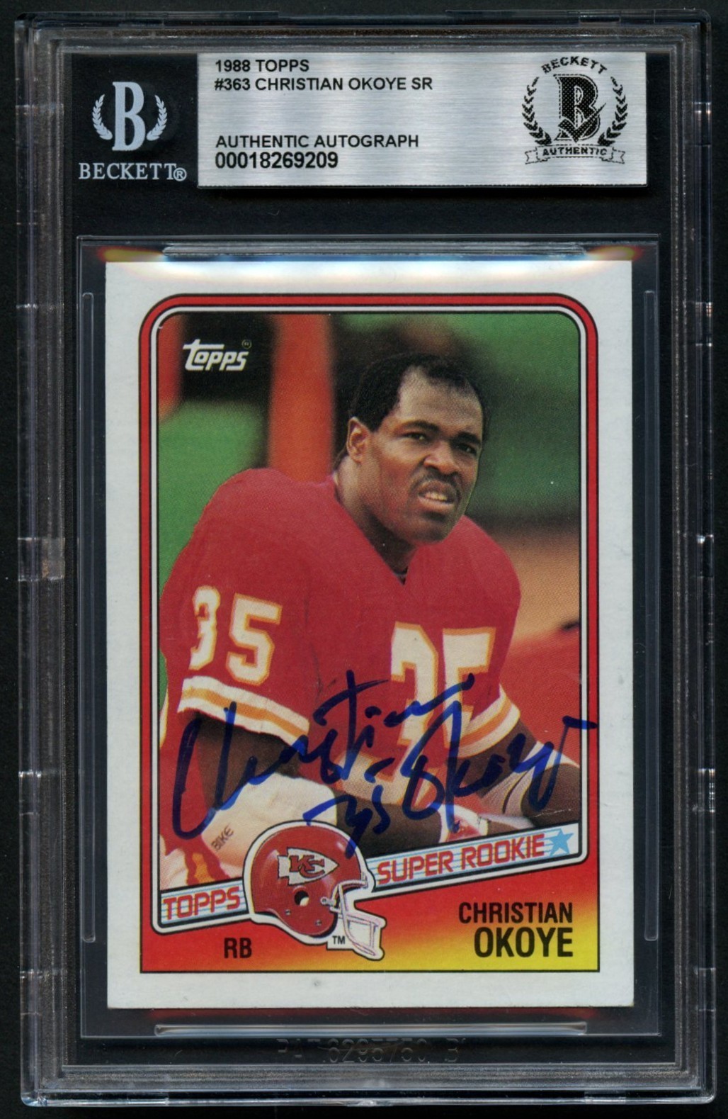 Christian Okoye Sr #363 signed 1988 Topps Football Trading Card BAS Slabbed