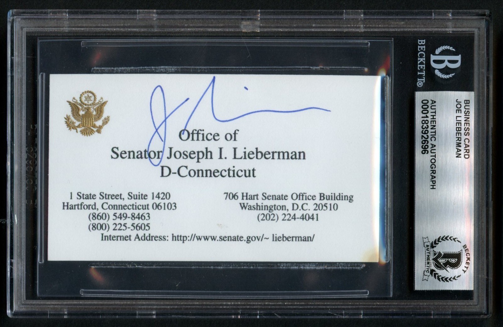Joe Leberman d2024 signed autograph US Senator Connecticut Business Card BAS