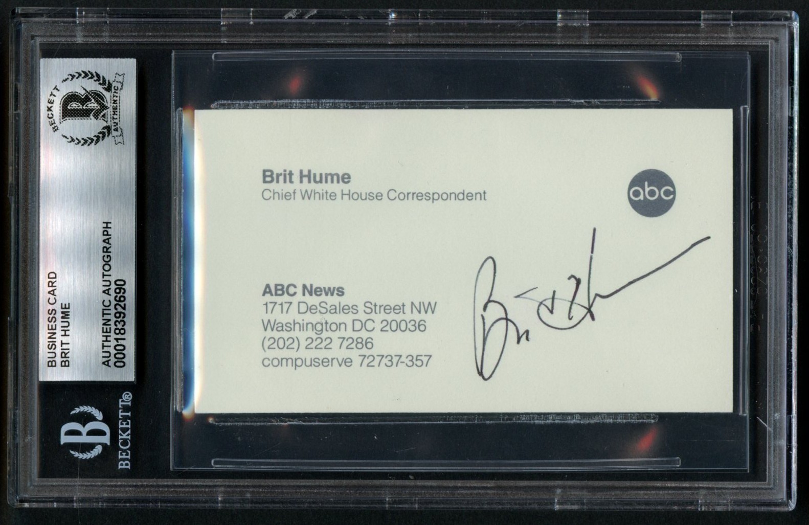 Brit Hume signed autograph Political Commentator Business Card BAS Slabbed