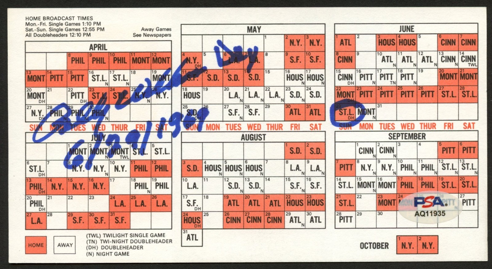 Billy Williams signed autograph Cubs Pocket Schedule Baseball PSA Stickered