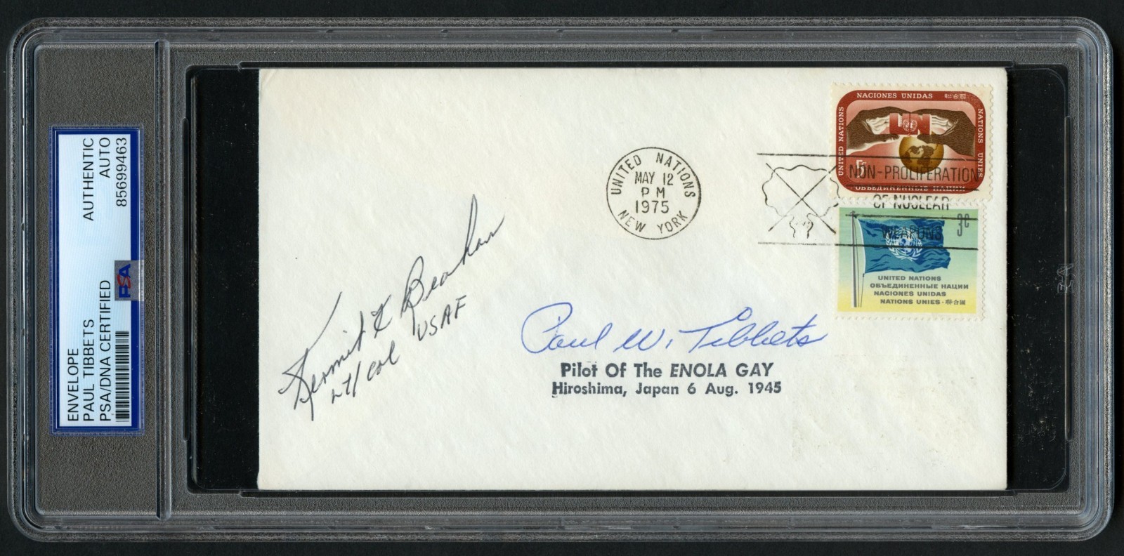 Paul Tibbets & Kermit Beahan signed autograph Postal Cover WWII PSA Slabbed