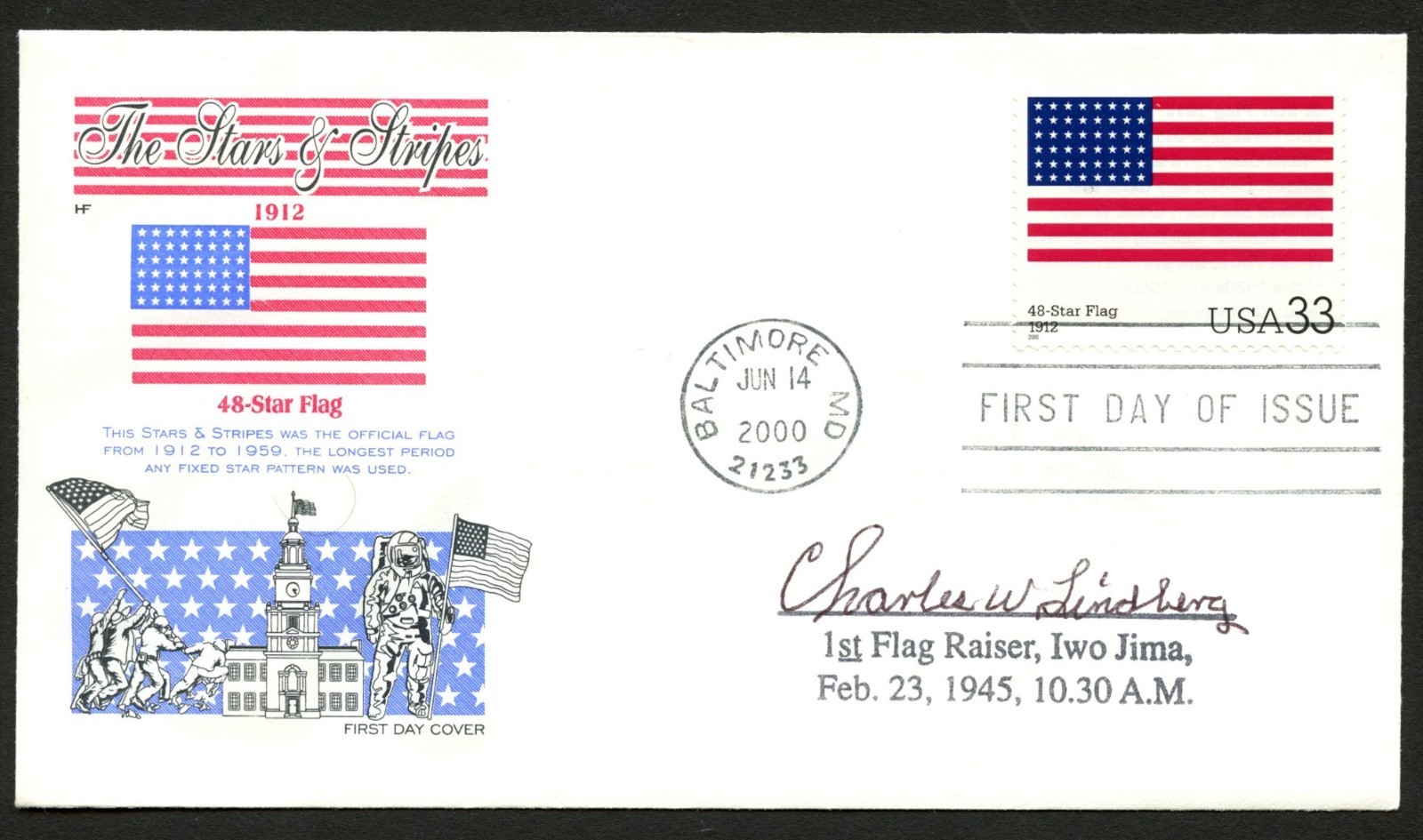 Charles W. Lindberg signed autograph FDC Iwo Jima 1st Flag Raiser BAS