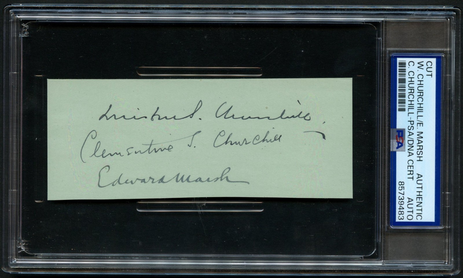 Winston & Clementine Churchill + Edward Marsh signed autograph 2x5 cut PSA Slab