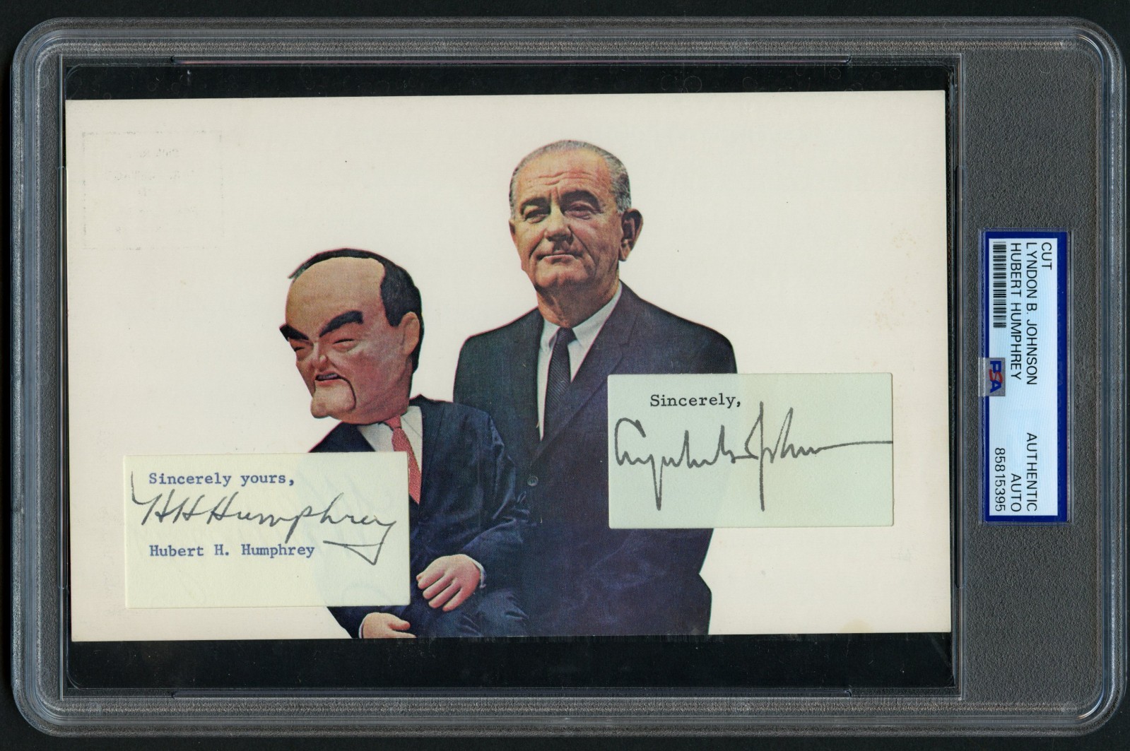 Lyndon B. Johnson & Hubert Humprey signed 5x8 Custom Cut USA Pres & VP PSA Slab
