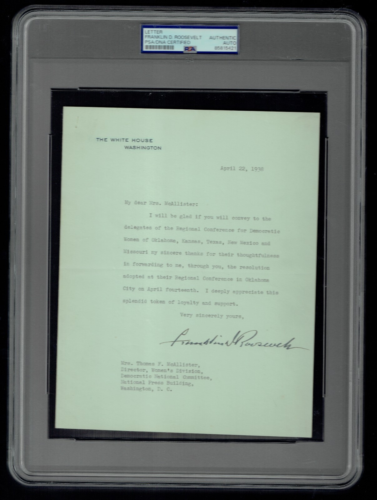 Franklin D. Roosevelt FDR signed autographed 7x9 White House Letter PSA Slabbed