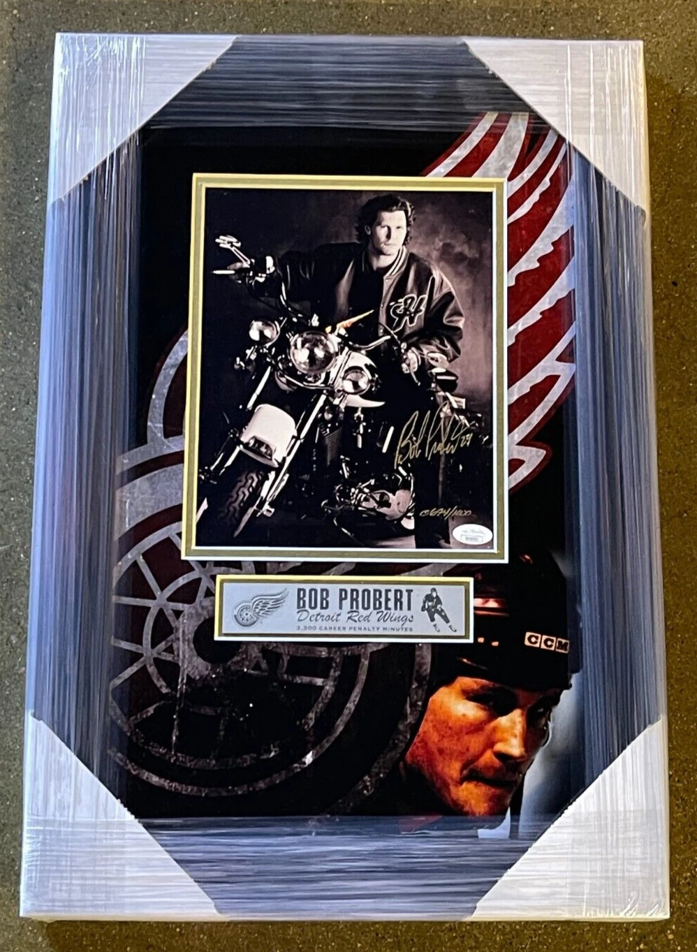 Bob Probert Signed Detroit Red Wings Framed Motorcycle 8x10 Photo JSA COA