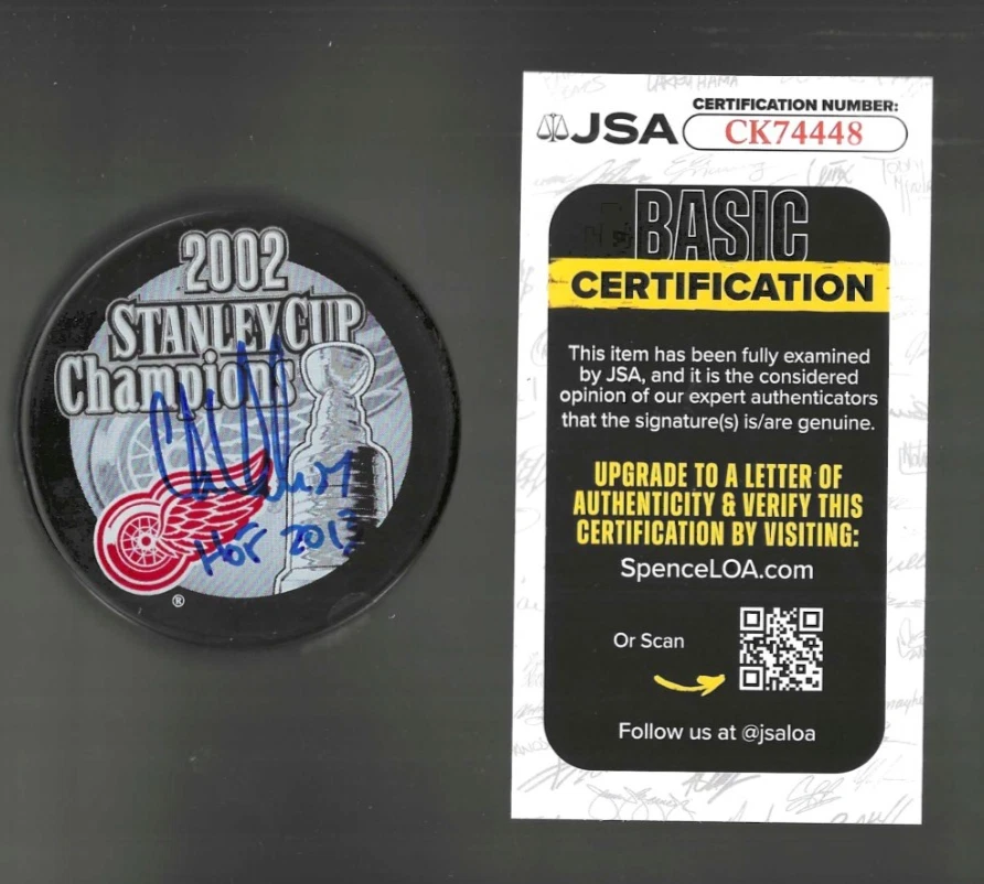 Chris Chelios Signed Detroit Red Wings 2002 Stanley Cup Champions Puck JSA COA