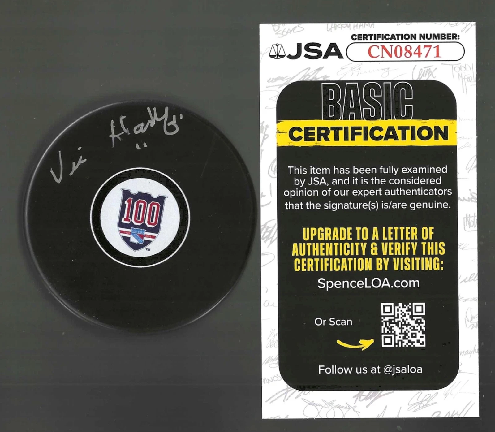 Vic Hadfield Signed New York Rangers Centennial 100th Puck JSA COA
