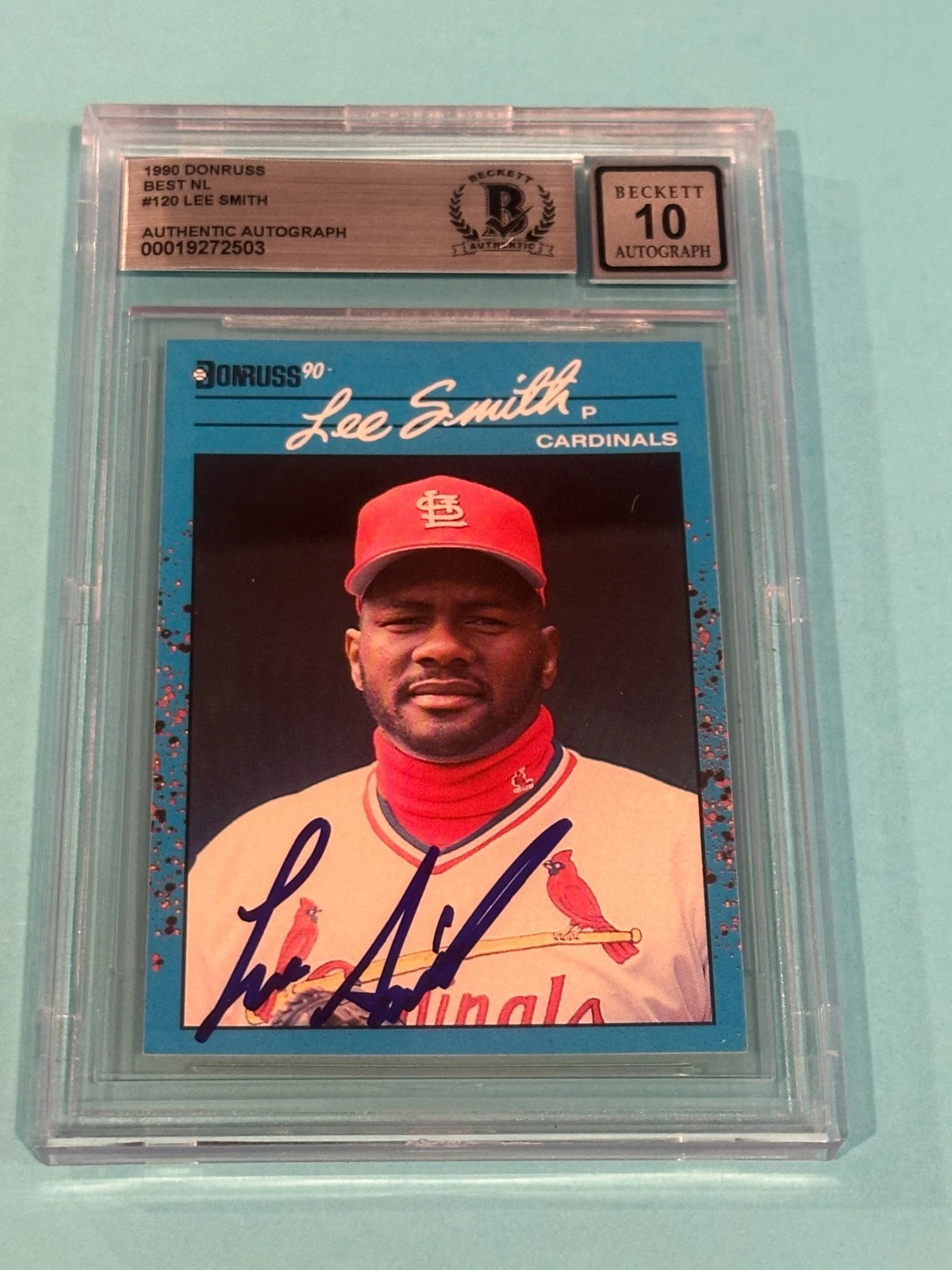 LEE SMITH Signed 1990 DONRUSS BEST NL Card #120 Beckett (BAS) AUTO 10