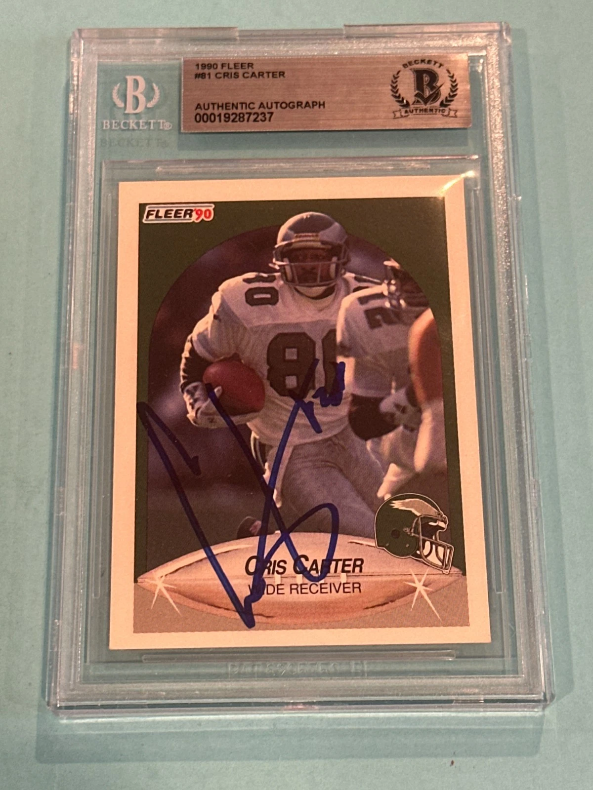 CRIS CARTER Signed 1990 FLEER Card #81 Beckett BAS
