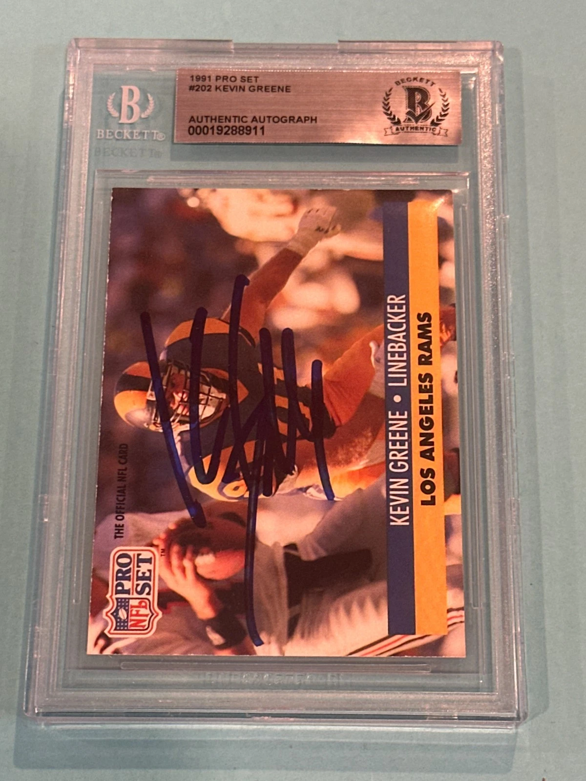 KEVIN GREENE Signed 1991 PRO SET Card #202 Beckett BAS