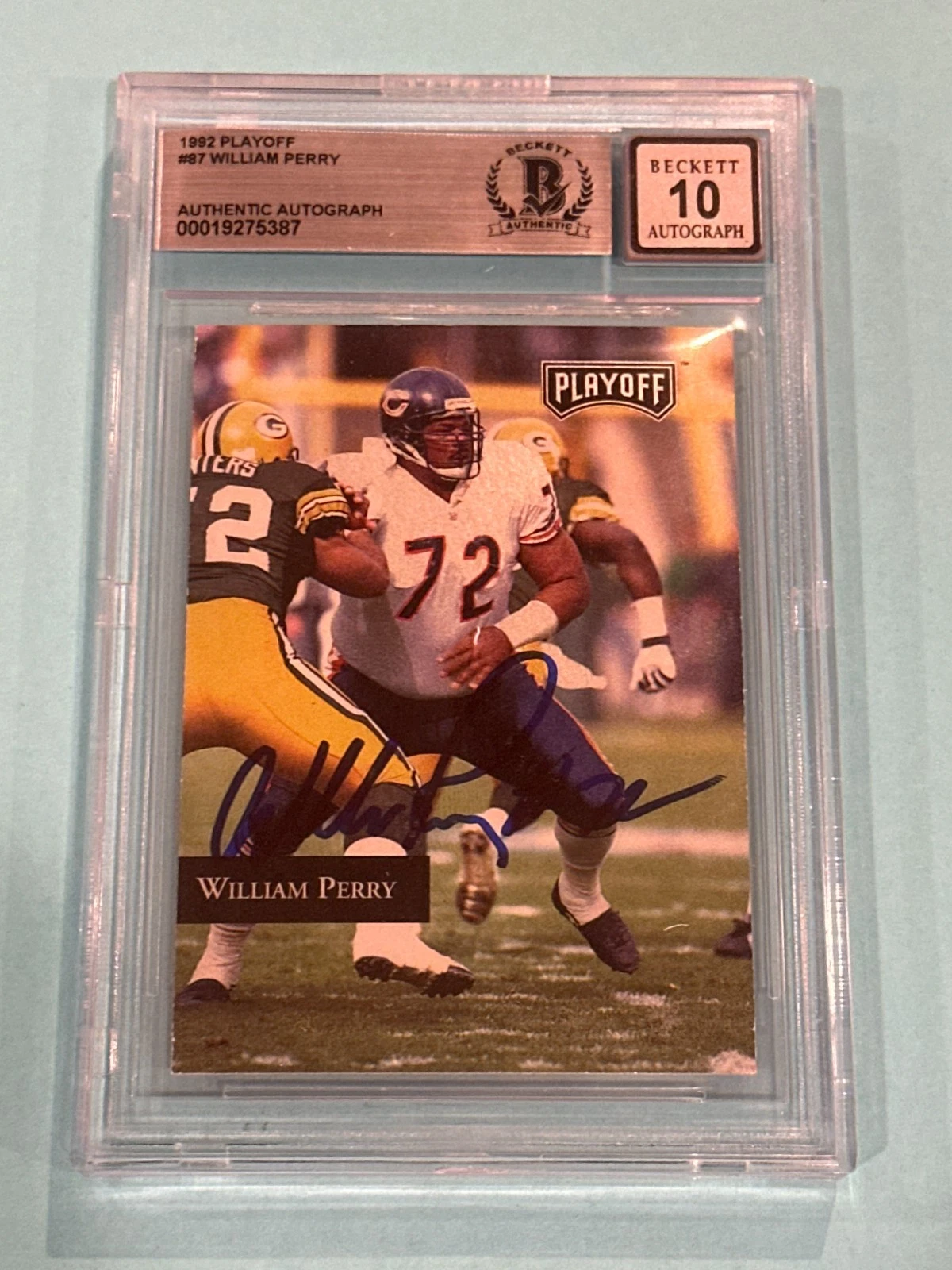 WILLIAM PERRY Signed 1992 PLAYOFF Card #87 Beckett BAS AUTO 10