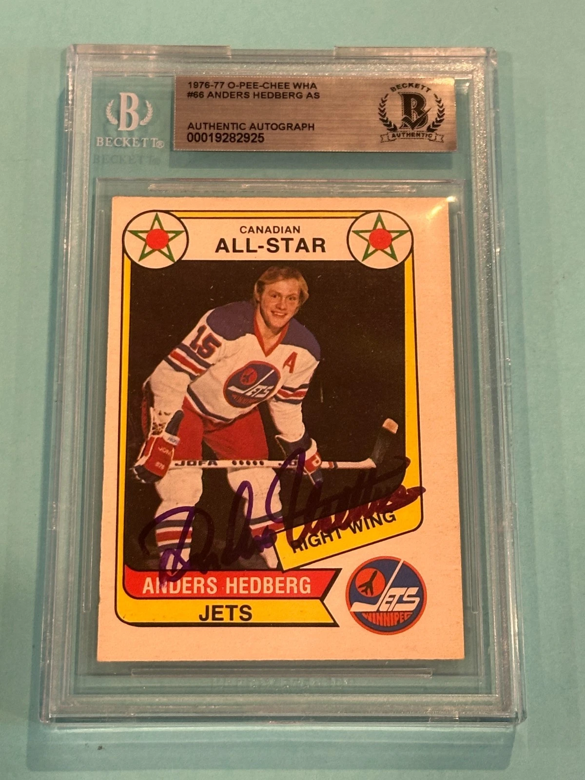 ANDERS HEDBERG Signed 1976-77 O-PEE-CHEE WHA ALL-STAR Card #66 Beckett BAS