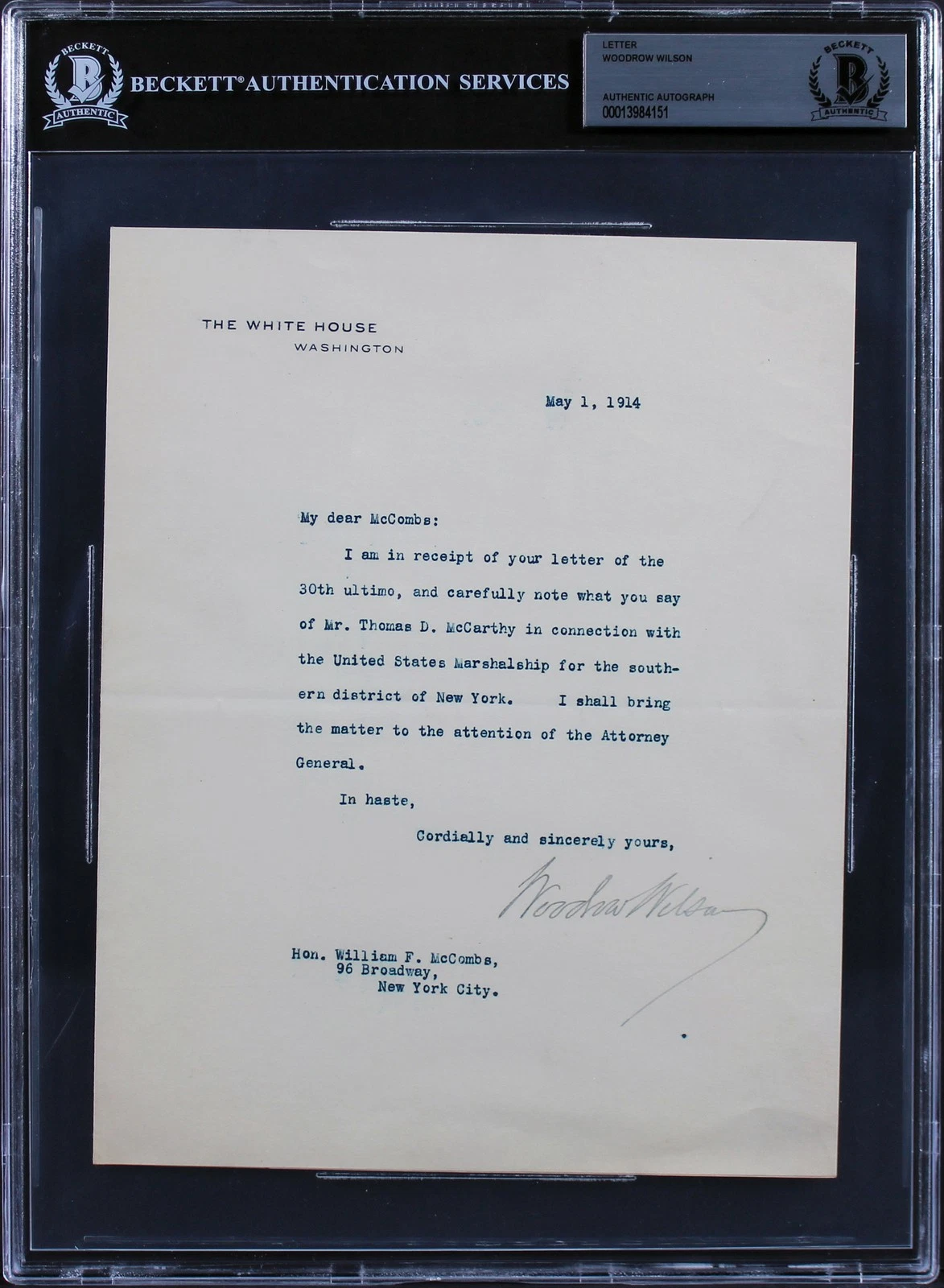 Woodrow Wilson Signed 7x8.75 1914 Letter On White House Letterhead BAS Slab