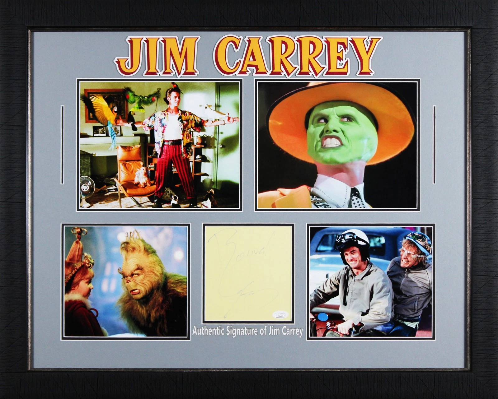 JIM CARREY THE MASK “BOING!” SIGNED & FRAMED 5.5×6 CUT SIGNATURE JSA #CE01107 COLLECTIBLE MEMORABILIA