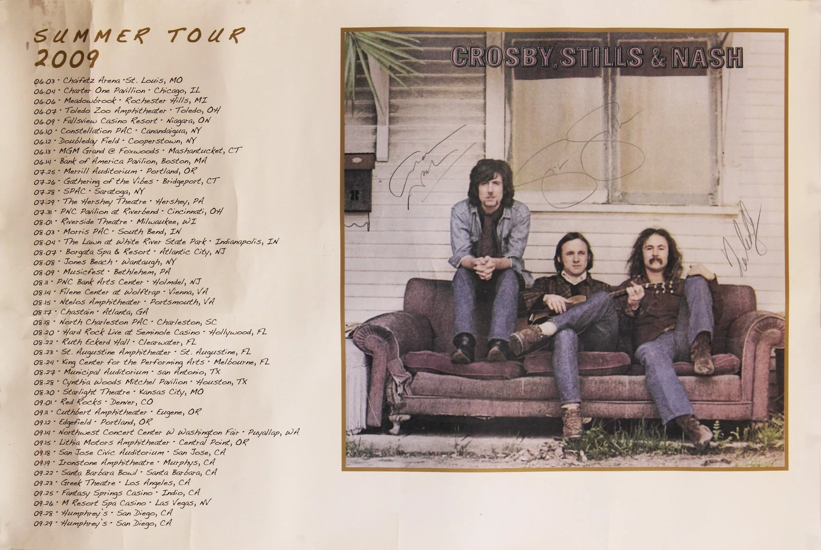 (3) Crosby, Stills & Nash Signed 24x36 Summer Tour 2009 Concert Poster JSA