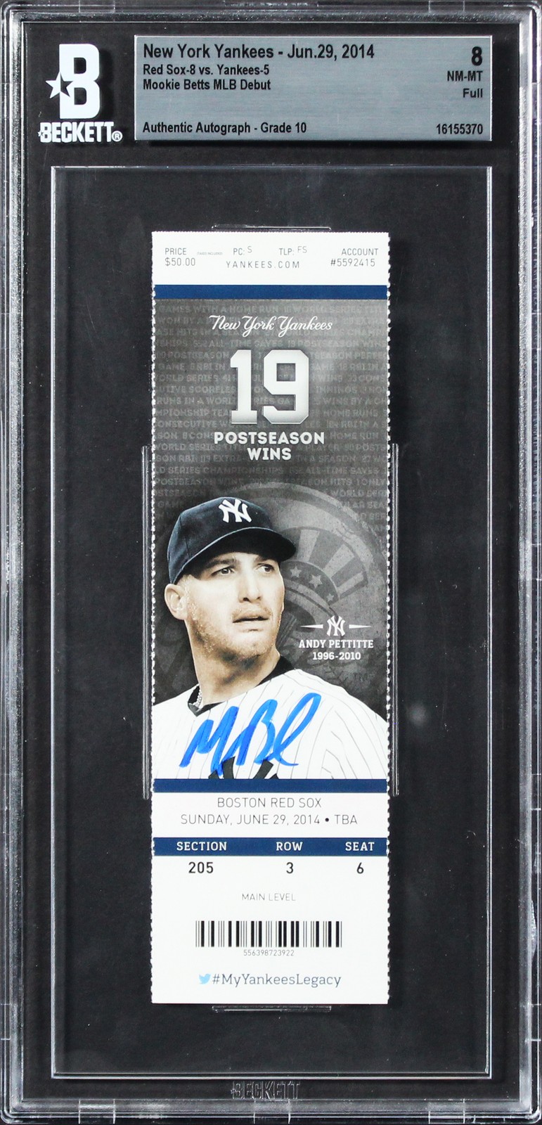 Red Sox Mookie Betts Signed 6/29/14 MLB Debut Ticket NM-MT 8 Auto 10 BAS Slabbed