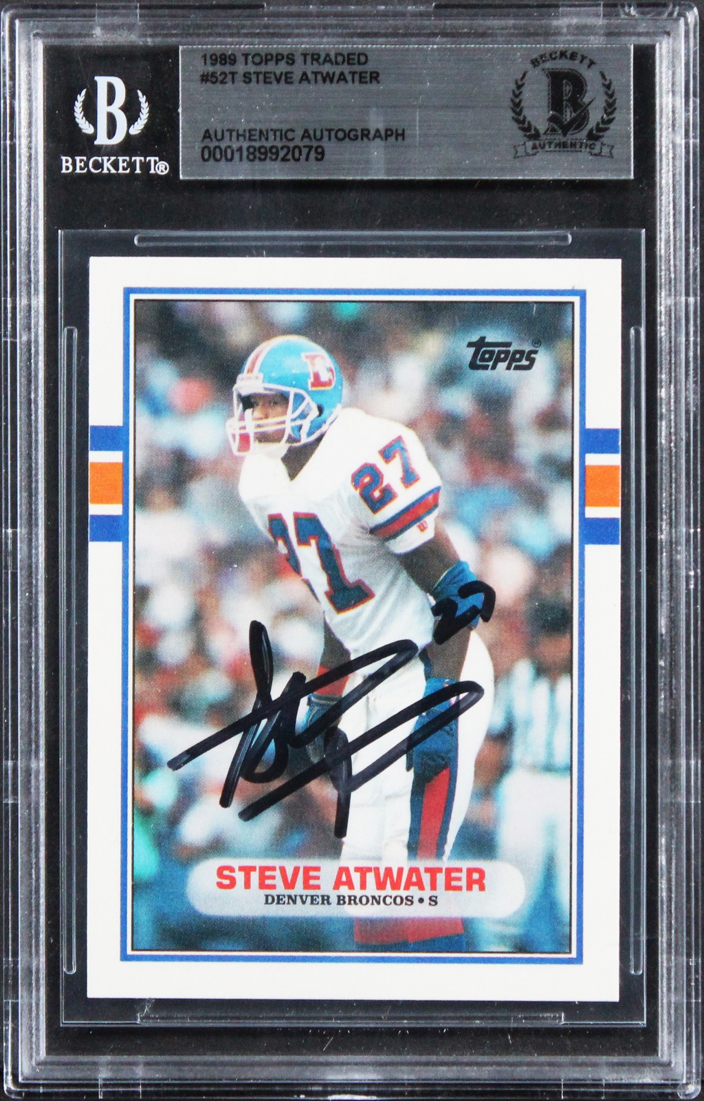 Broncos Steve Atwater Signed 1989 Topps Traded #52T Rookie Card BAS Slabbed