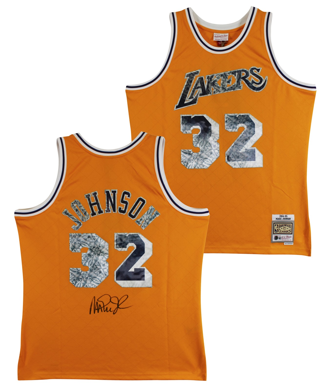 Lakers Magic Johnson Signed Yellow Diamond M&N 84-85 HWC Swingman Jersey BAS Wit