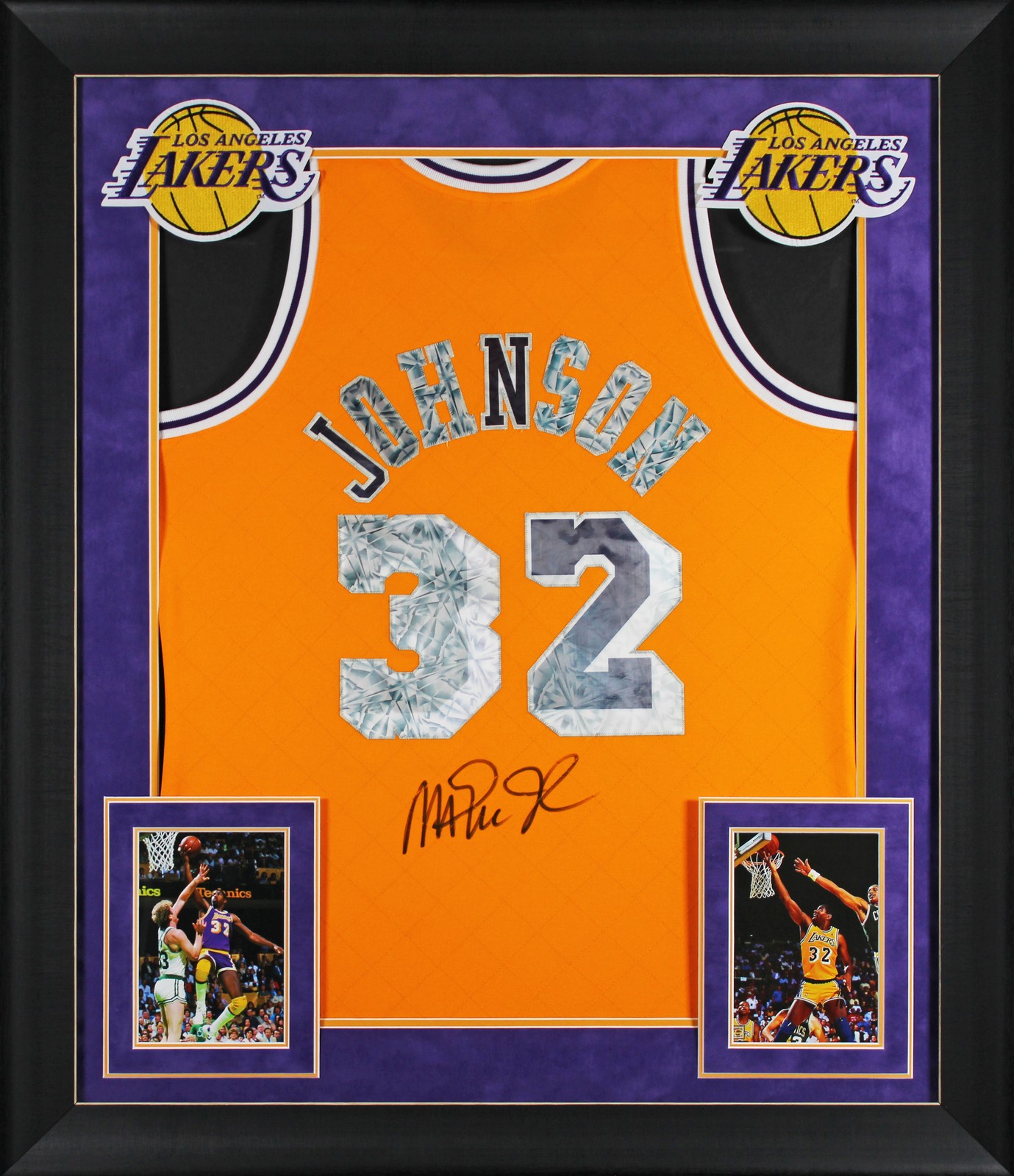 Magic Johnson Signed Yellow Diamond M&N 84-85 HWC Swingman Framed Jersey BAS Wit