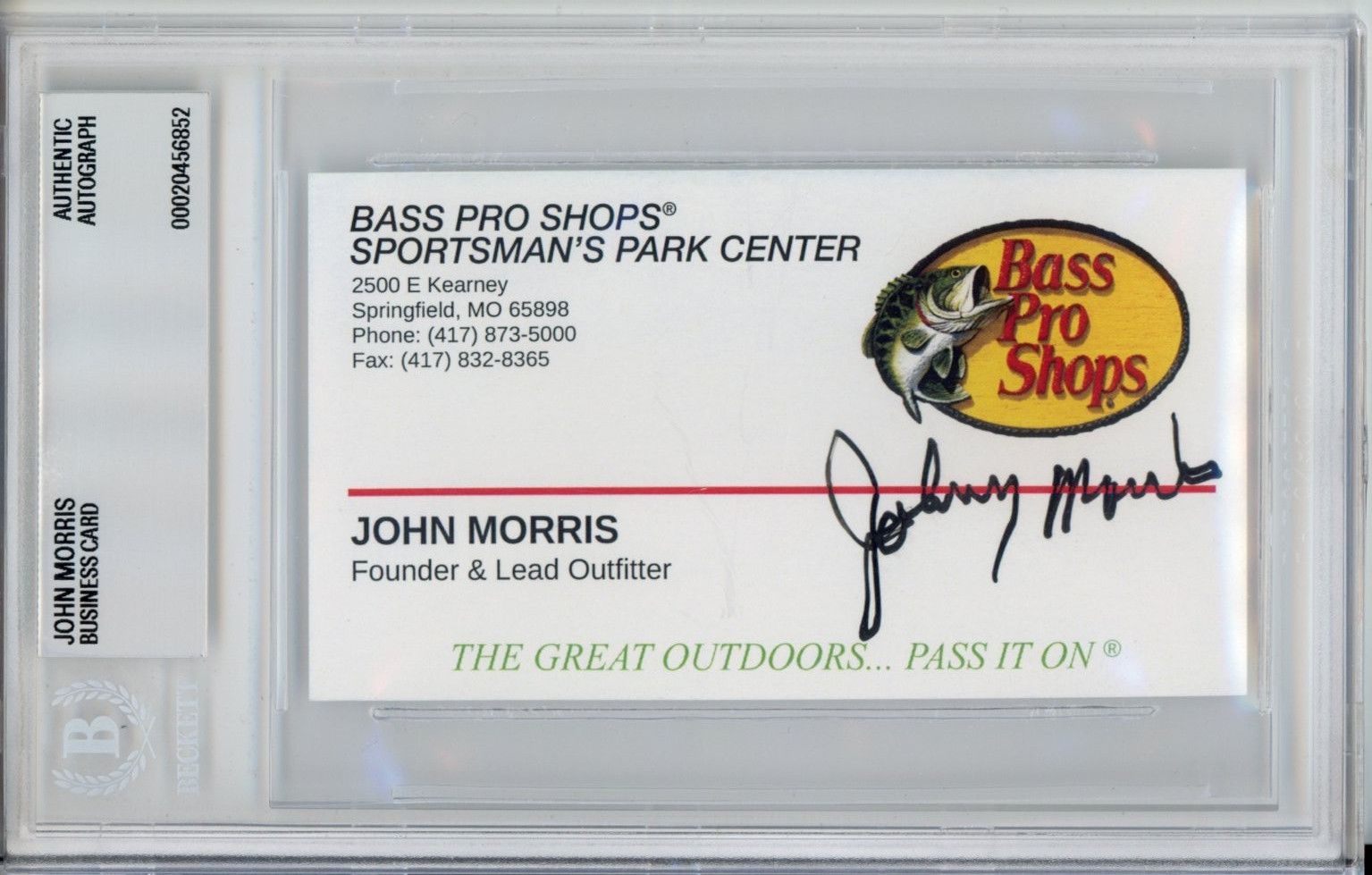 JOHN JOHNNY MORRIS FOUNDER BASS PRO SHOPS SIGNED BUSINESS CARD BAS BECKETT COA