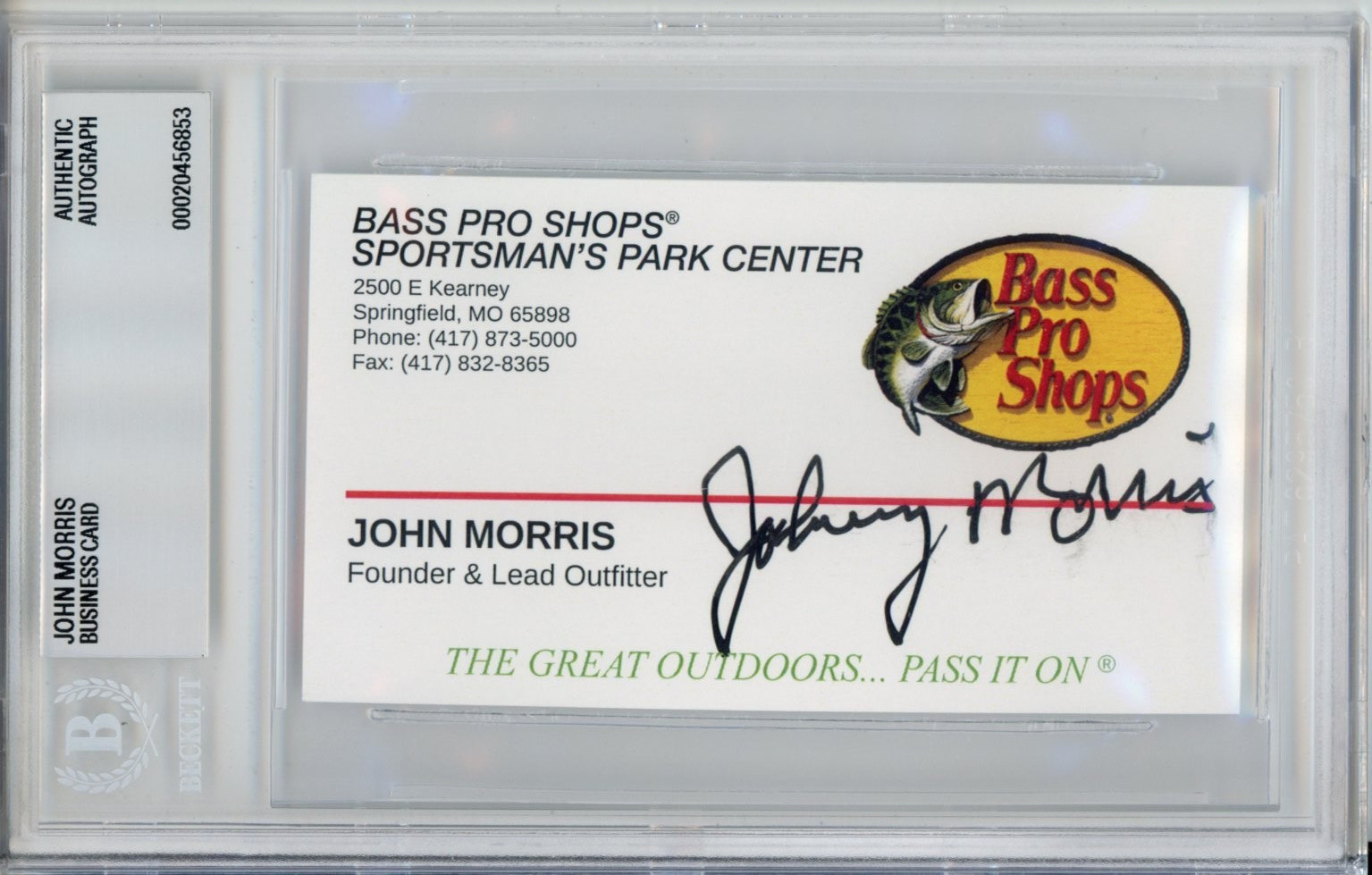 JOHN JOHNNY MORRIS BASS PRO SHOPS FOUNDER SIGNED BUSINESS CARD BAS BECKETT AUTO