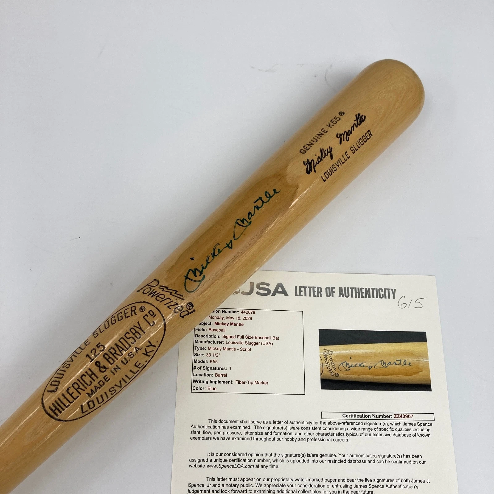 Mickey Mantle Signed Louisville Slugger Game Model Baseball Bat JSA COA