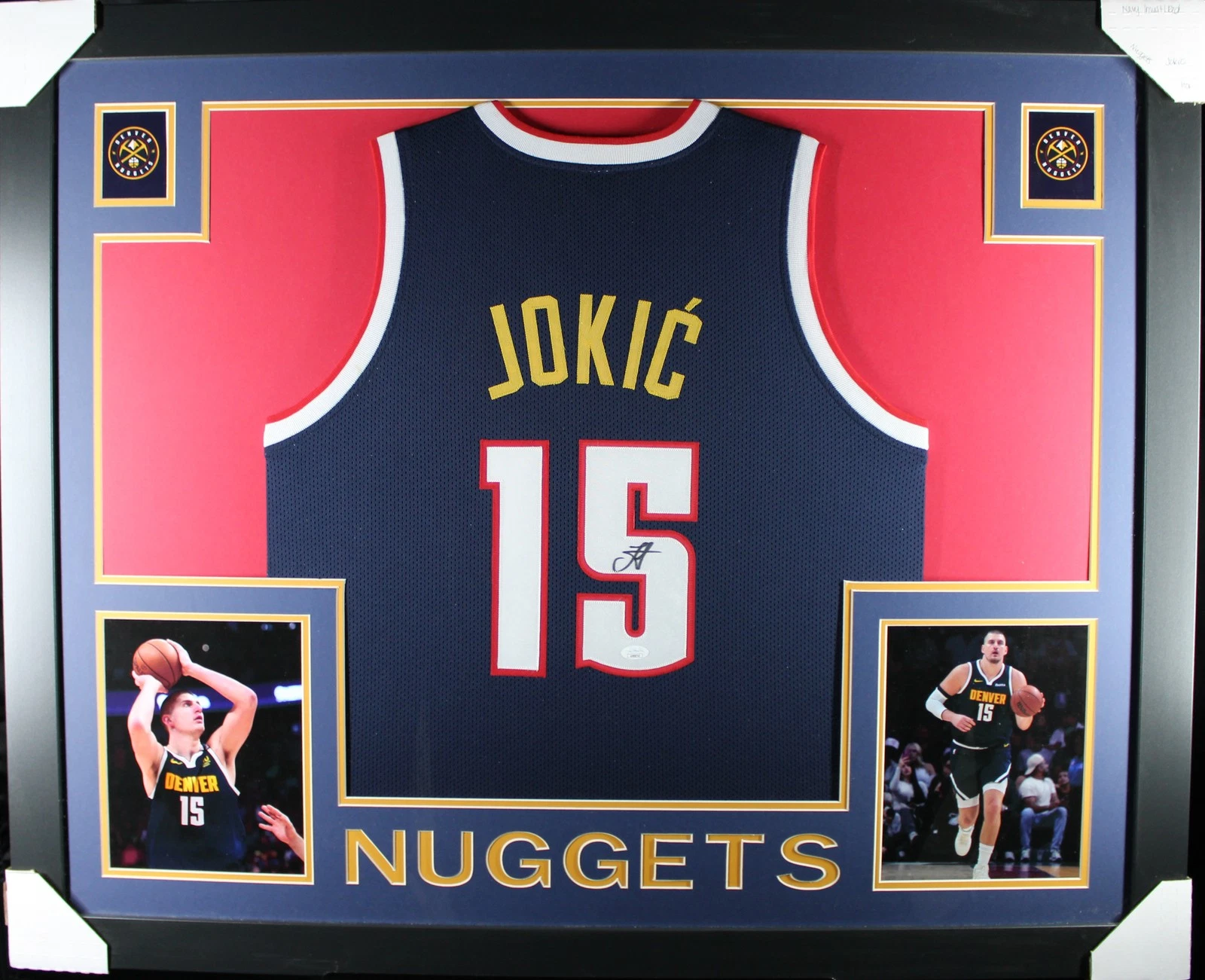 Nikola Jokic Autographed Pro Style Sz XL Blue Framed Jersey 35x43 JSA 57300