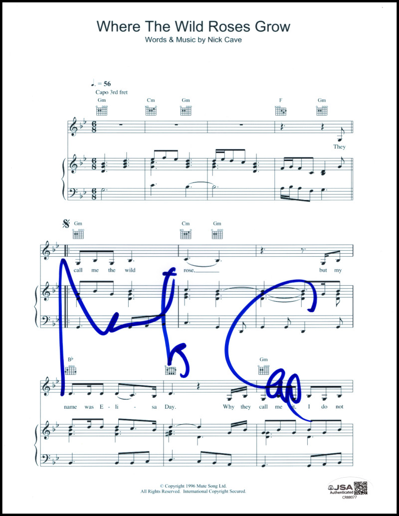Nick Cave Signed Autograph Where the Wild Roses Grow Sheet Music w/ JSA COA