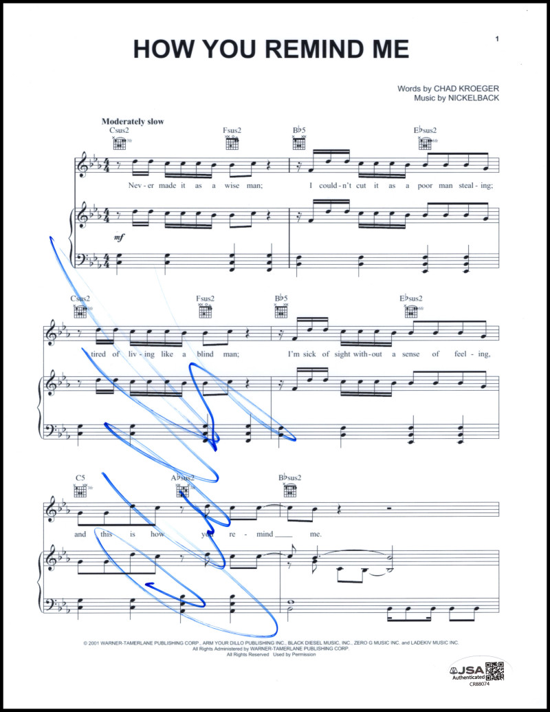 Chad Kroeger Nickelback Signed Autograph How You Remind Me Sheet Music - JSA COA