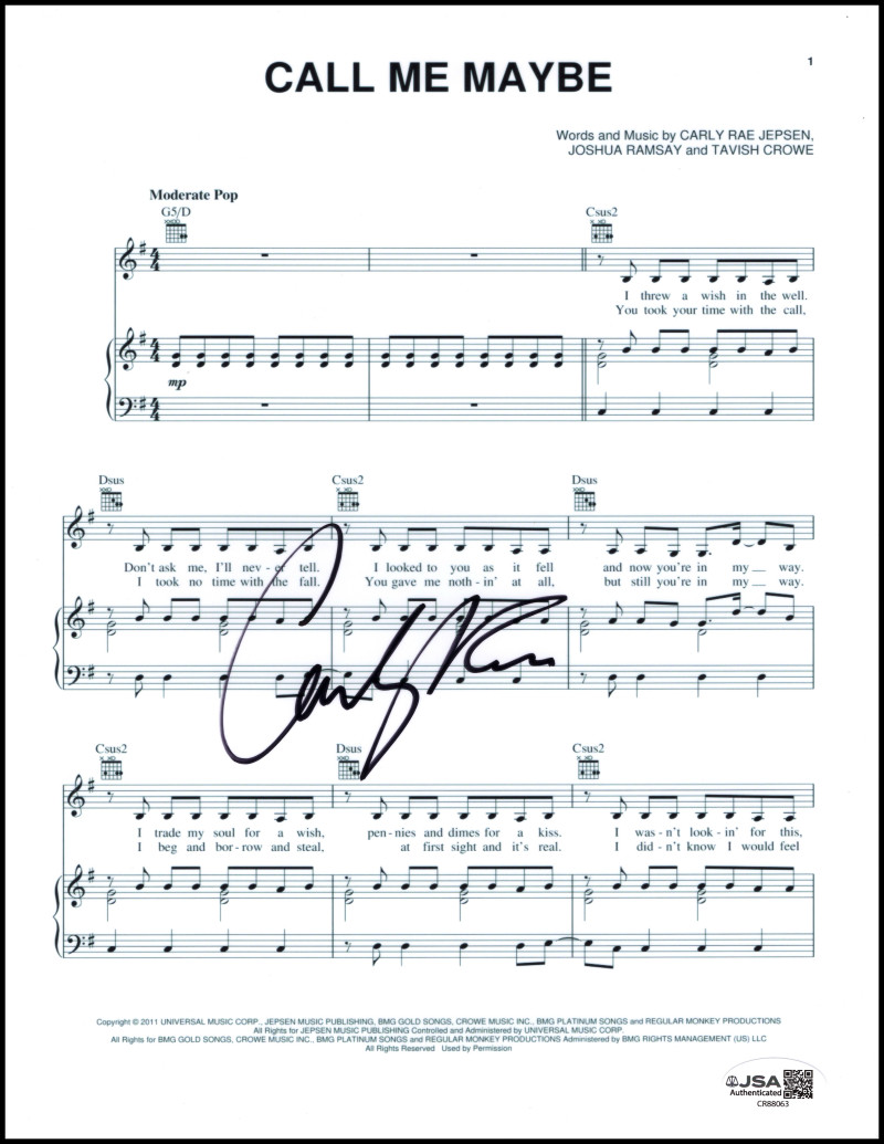 Carly Rae Jepsen Signed Autograph Call Me Maybe Sheet Music w/ JSA COA