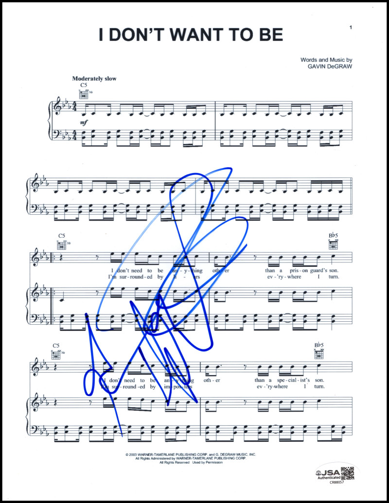 Gavin DeGraw Signed Autograph I Don't Want to Be Sheet Music - One Tree Hill JSA